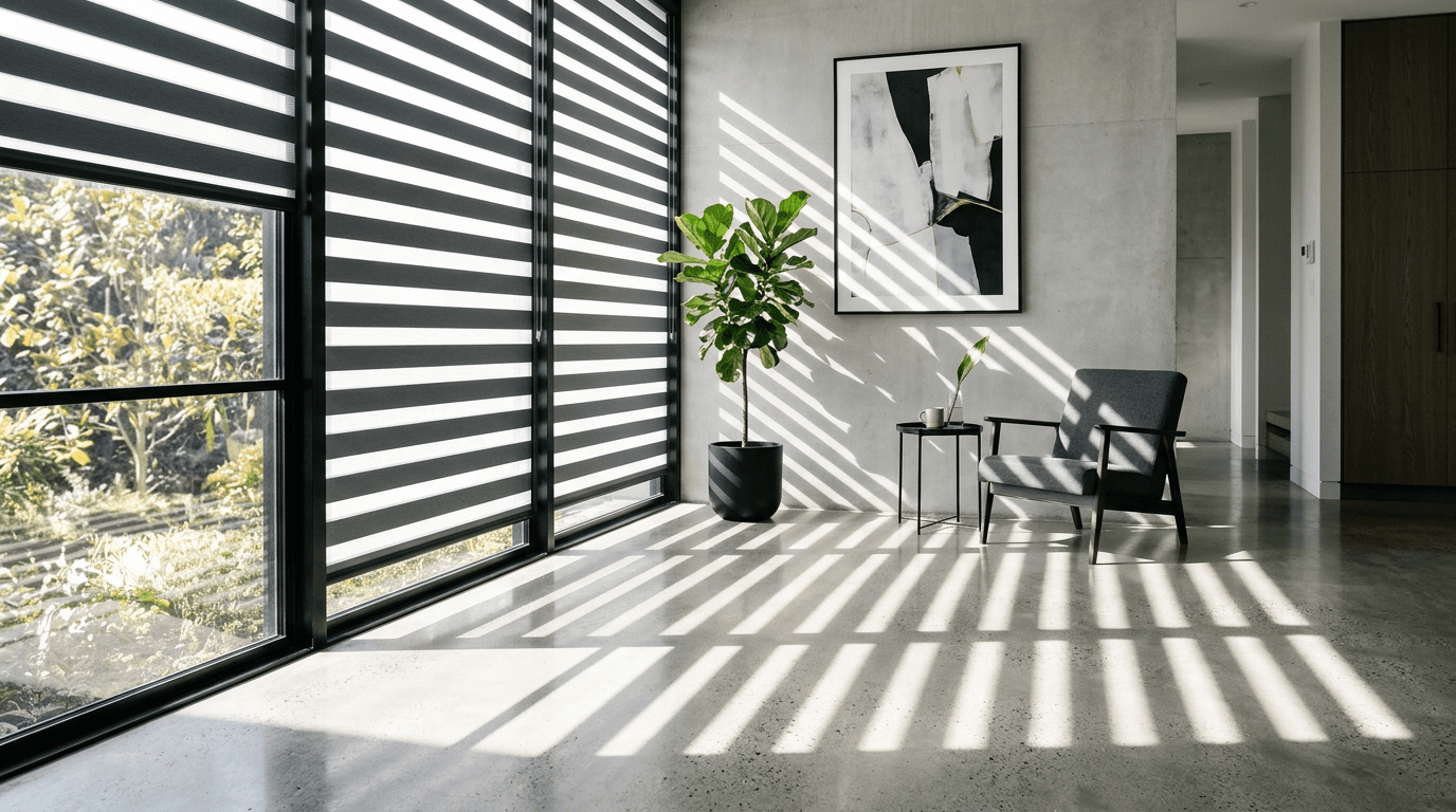 Bands of sunlight cast through zebra blinds