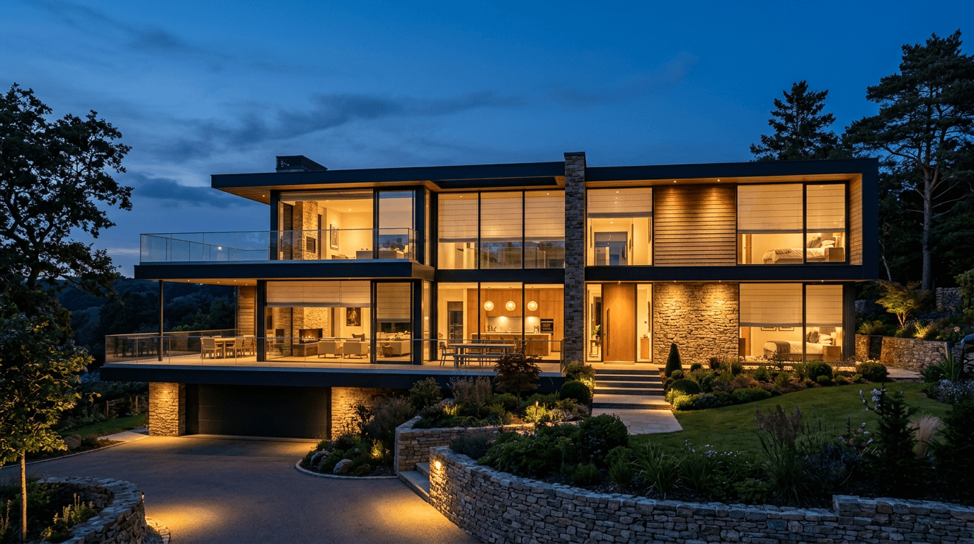 Home at blue hour with blinds set to different heights